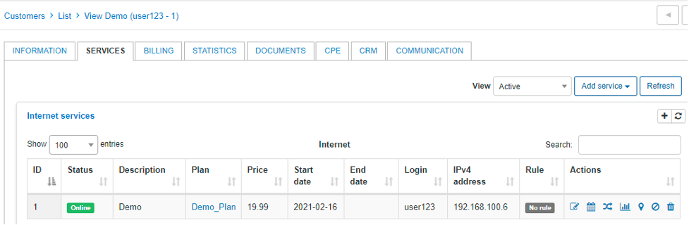 Splynx demo user with an assigned Internet tariff plan 2