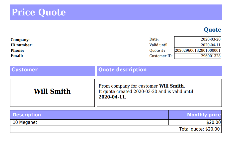 Example of the price quote generated in Splynx