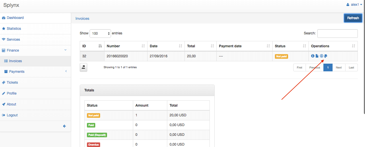 Splynx portal customer can pay the invoice using Paypal 