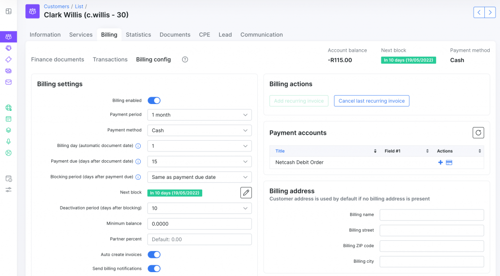 Splynx billing config page