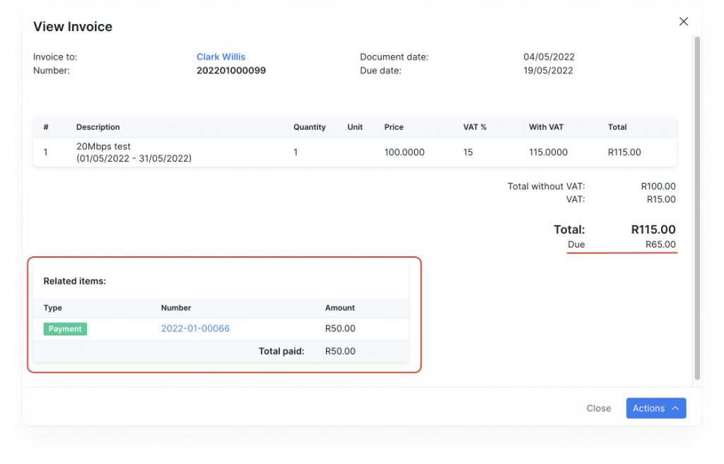 Partial payment invoice view
