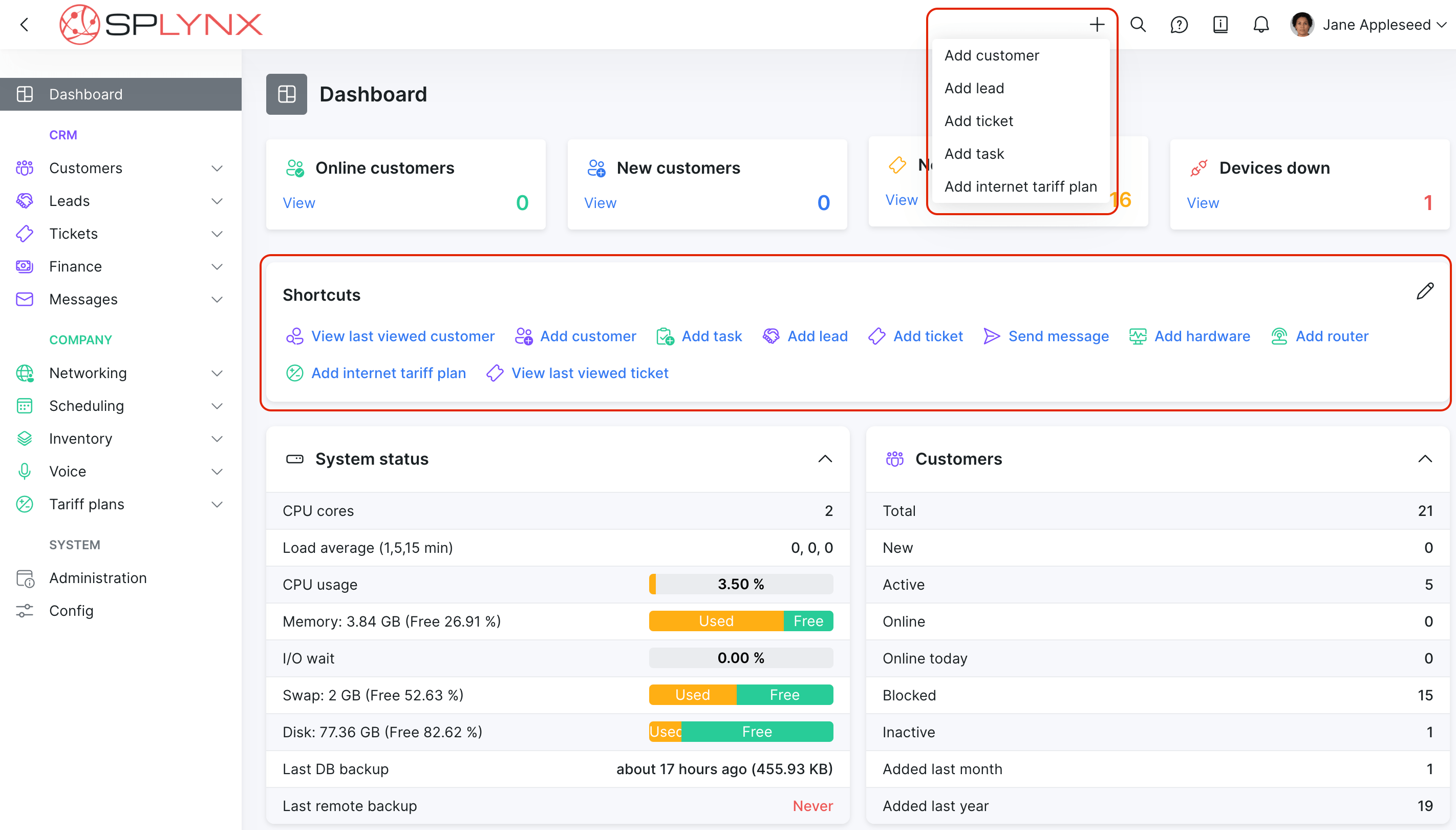 Splynx Dashboard shortcuts & Quick add feature